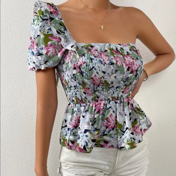 Boho floral print one shoulder shirred peplum blouse - Picture 4 of 6